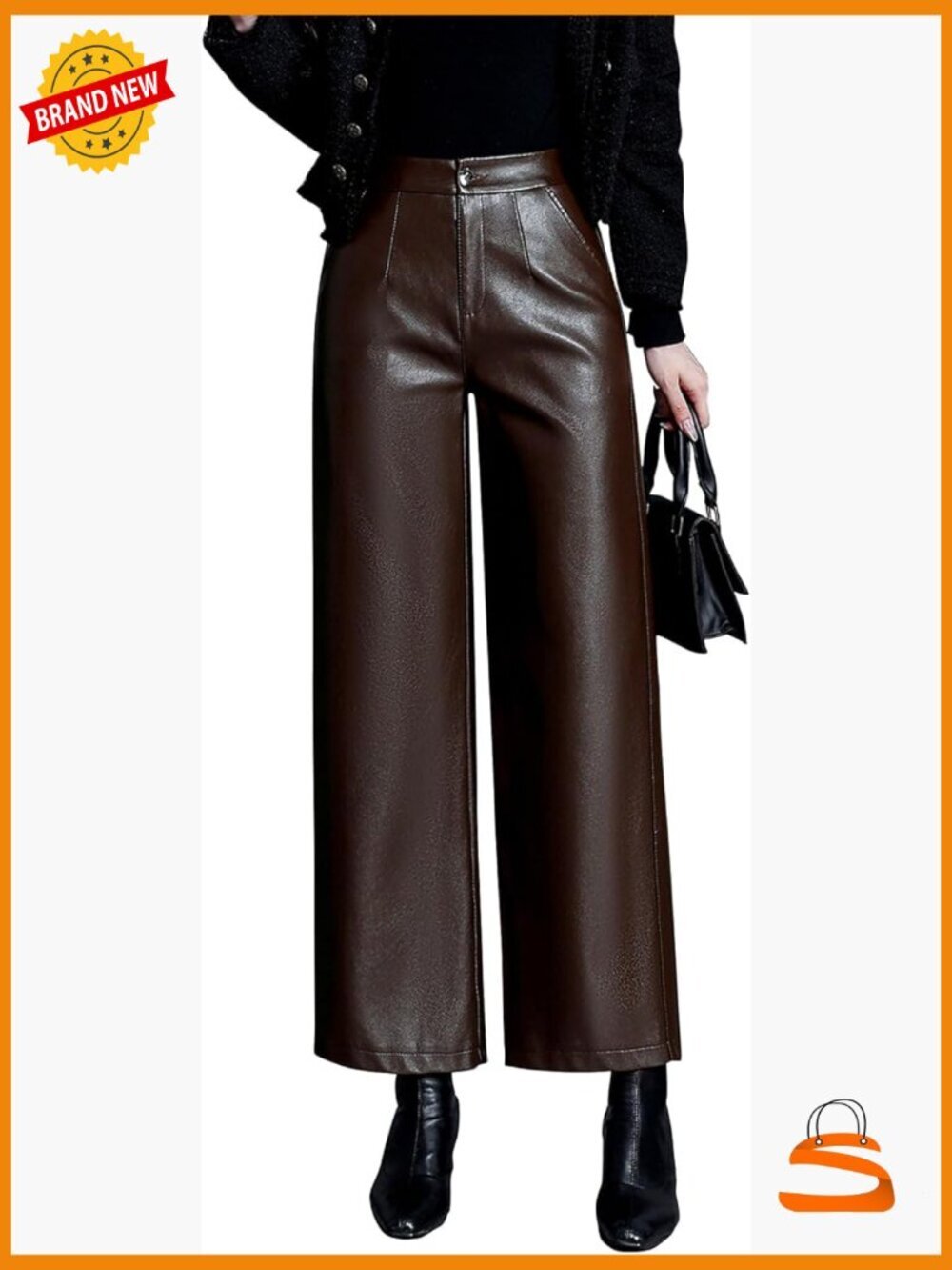Faux Leather Wide Leg Pants with Pockets High Rise Cropped PU Trousers
